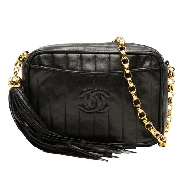 Black Chanel CC Vertical Quilted Lambskin Tassel Camera Bag in Black Lambskin from Designer Revival