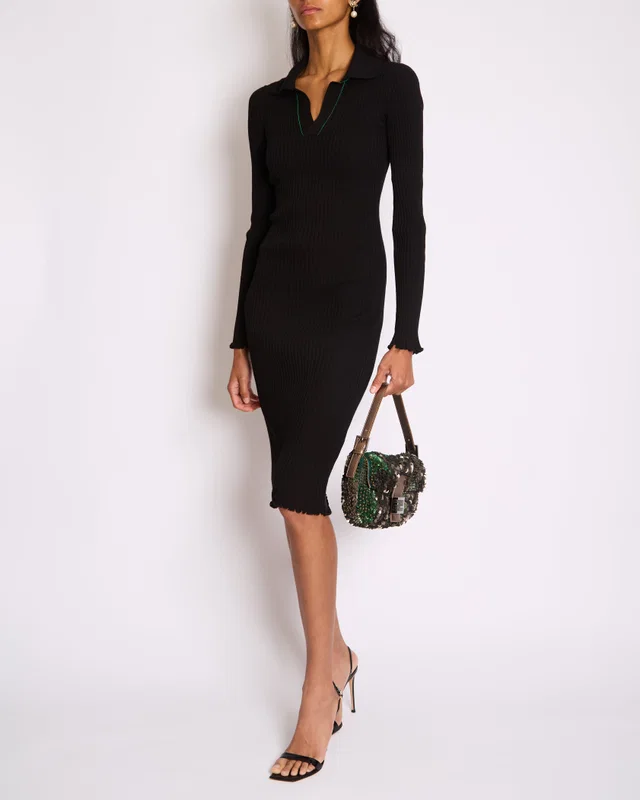 Bottega Veneta Black Ribbed Long Sleeve Midi Dress with Green Stitch Detail and Collar Size XS (UK 6) in Black from Sellier
