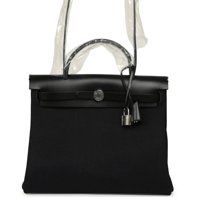 Hermès Herbag Zip 31 PM Black Military Canvas & Vache Hunter Palladium Hardware in Black Canvas from Madison Avenue Couture