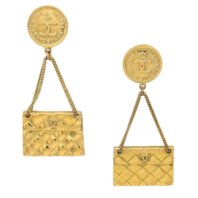 Chanel Gold Bag Dangle Earrings Clip-On 94P in Gold from AMORE Vintage Tokyo