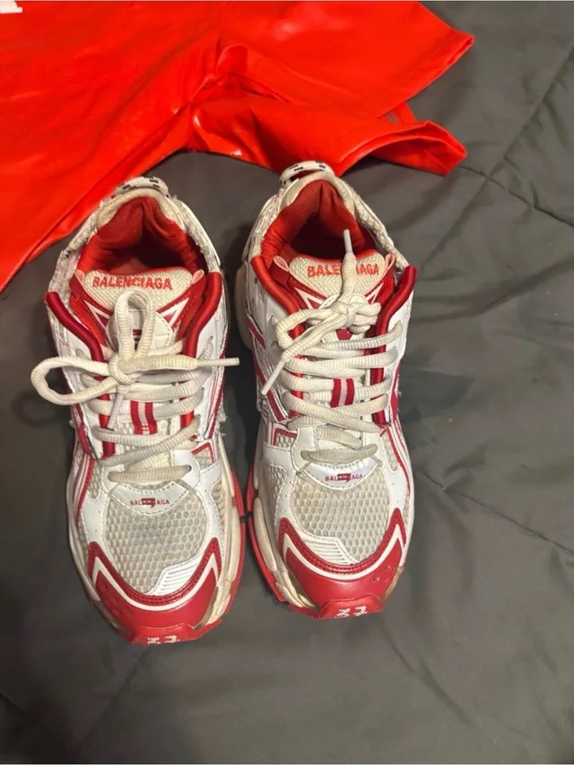 Balenciaga White And Red Chunky Runner Sneakers in red|white from Poshmark