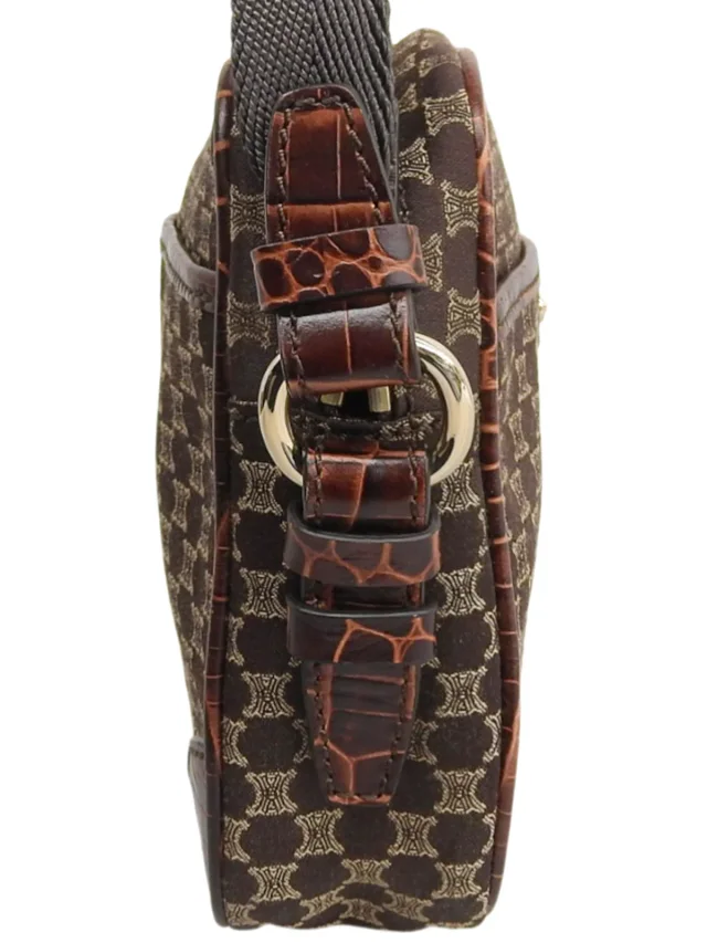 Celine Canvas Croco Embossed Macadam Pattern Shoulder Bag Brown in Brown Canvas from VINTAGE QOO TOKYO, photo 3 of 10