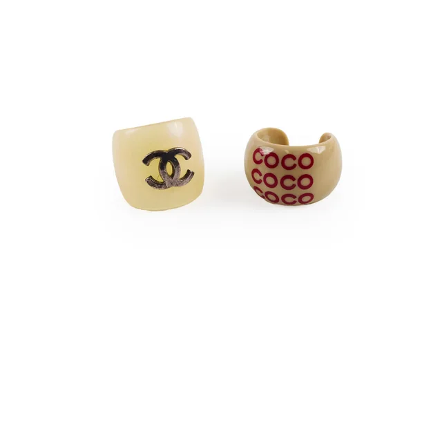 Chanel Vintage Open Rings- Coco Beige and Pearlescent CC (2001) in Beige from The Purse Affair