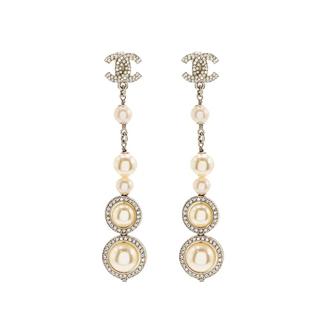 Chanel Crystal Pearl Dropped CC Logo Earrings Silver Tone in Silver from EMIER