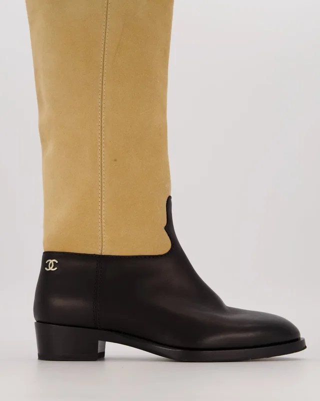 Chanel Beige Suede Calfskin Thigh Boots with Black Leather Foot and Gold CC Logo Size EU 37.5C in Black Calfskin from Sellier