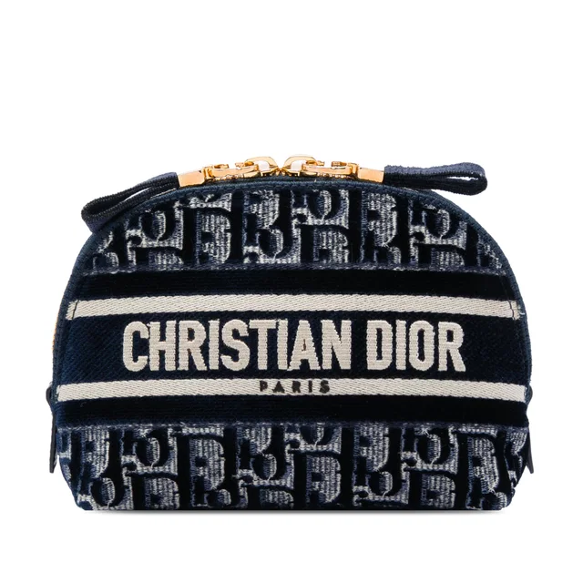 Blue Dior Oblique Embroidered Velvet Cosmetic Pouch in Blue Velvet from Designer Revival