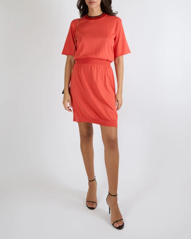 Louis Vuitton Coral Red Silk Blend Short-Sleeved Mini Dress with Shimmery Round Neck Detail and Perforated… in Red Silk from Sellier