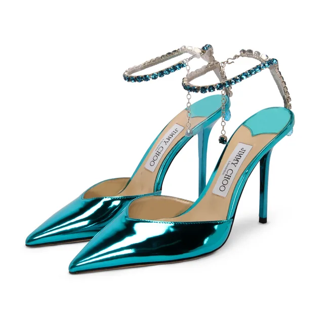Jimmy Choo Metallic Leather Crystal Saeda Pumps 38.5 in Blue Leather from Blue Spinach