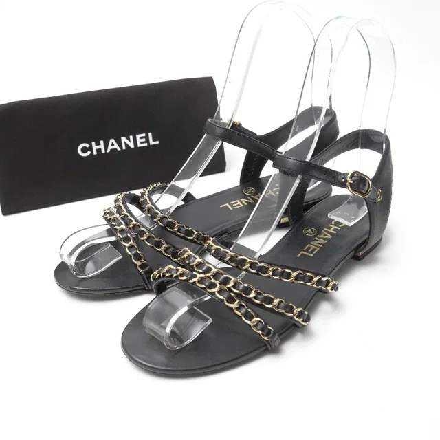Chanel Sandals CC Logo Gold Chain Ankle Strap Flats in Gold Leather from The Reluxe