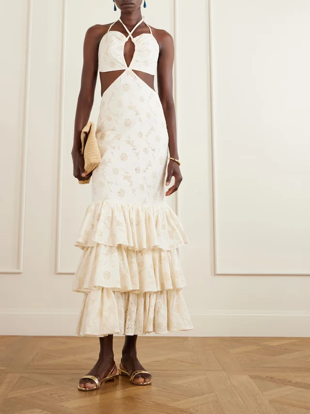 CRISTIANO MARCHELI Penelope open-back cutout ruffled tiered broderie anglaise cotton maxi dress in Beige, photo 2 of 2 from NET-A-PORTER (Canada)