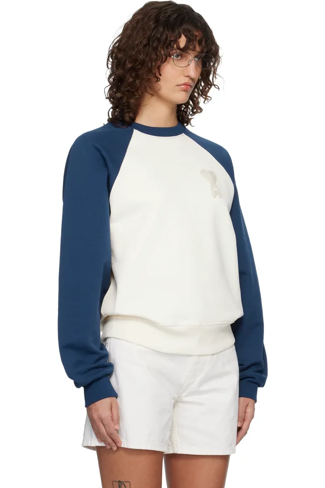 AMI Paris Off-White & Navy Cotton Knitted Ami de Coeur Sweatshirt, photo 2 of 4 from SSENSE