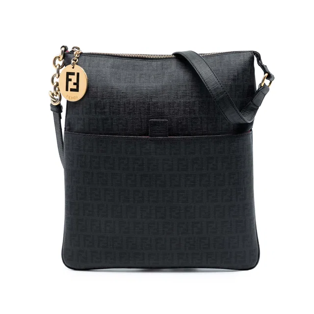 Black Fendi Zucchino Coated Canvas Charm Zip Crossbody in Black Coated canvas from Designer Revival
