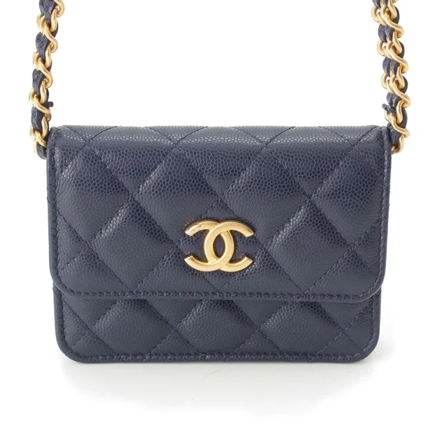 Chanel Quilted Mini Caviar Leather Coco Buttons Chain Shoulder Bag Navy in Navy Caviar leather from The Reluxe