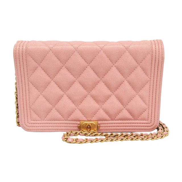 Boy Chanel Women's Grained Calfskin Chain/Shoulder Wallet Pink in Pink Grained Calfskin from Elady