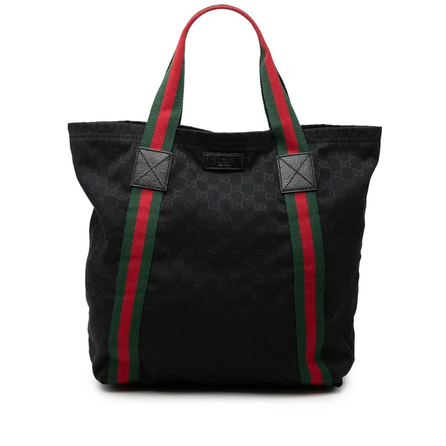 Black Gucci GG Canvas Web Tote in Black Canvas from Designer Revival