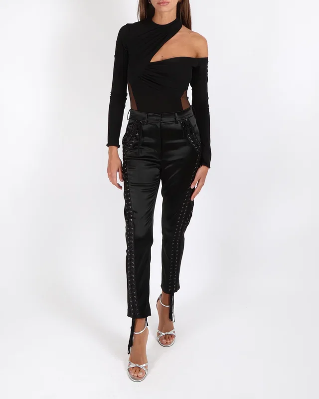 Dolce & Gabbana Black Satin Laced-Up Trousers Size IT 42 (UK 10) in Black Satin from Sellier