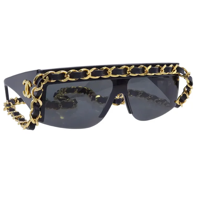 Chanel Chain Sunglasses Eyewear Black Small Good in Black Resin from AMORE Vintage Tokyo