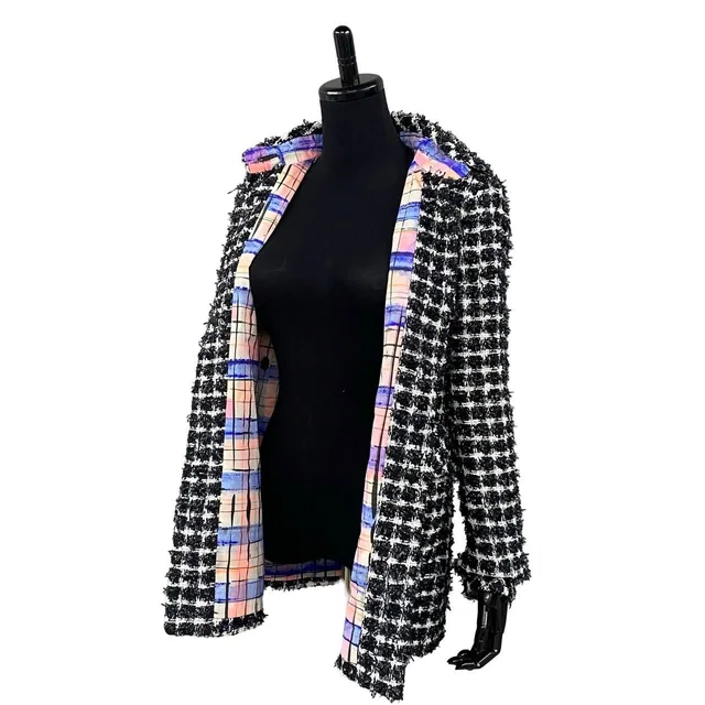 Chanel CC Logo Button Tweed Jacket 34 Black White in Black Tweed from The Reluxe