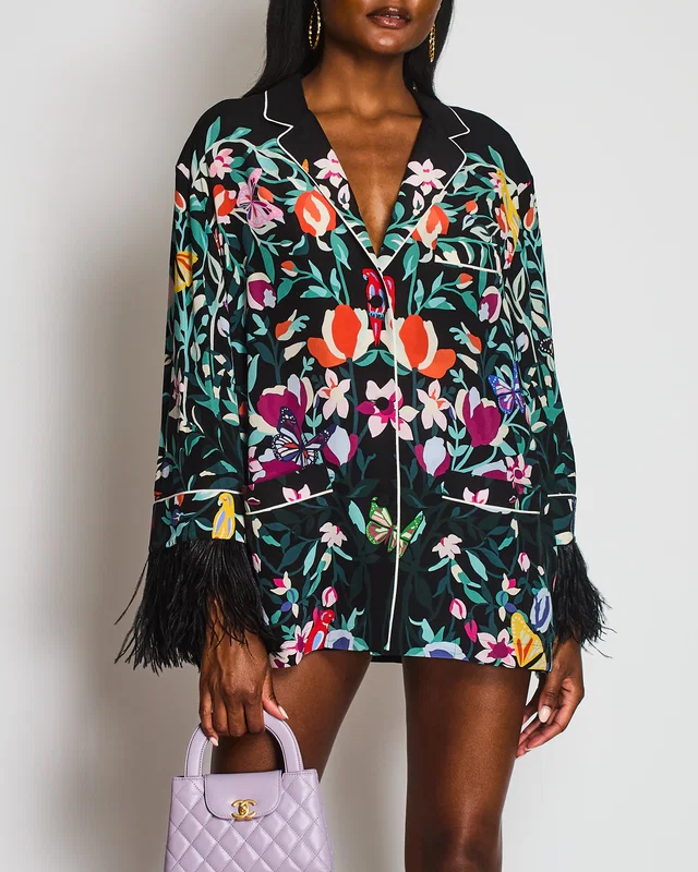 Valentino Garavani Multicoloured Floral Silk Shirt With Feather Sleeves Details Size IT 46 (UK 14) in Silk from Sellier