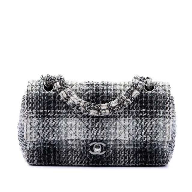 Black Chanel Medium Classic Quilted Tweed Double Flap Shoulder Bag in Black Tweed from Designer Revival