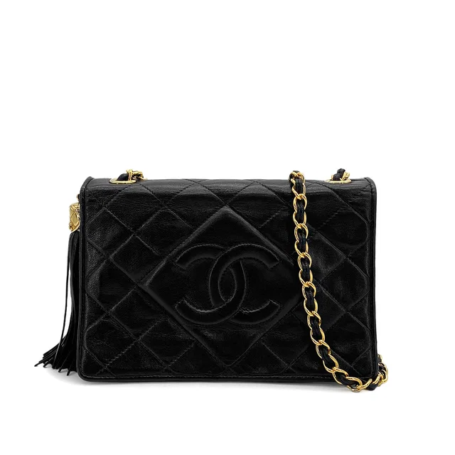 Chanel Vintage Matelasse Fringe Chain Shoulder Bag Black Lamb Skin Gold Hardware in Black from Luxury Promise