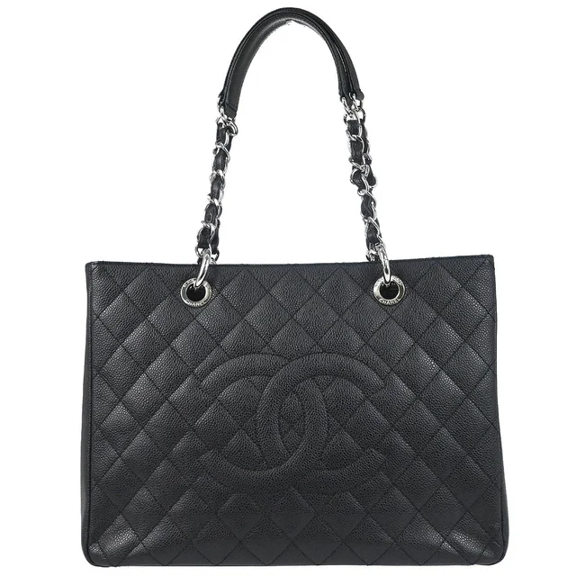Chanel 2012 Black Caviar Skin Grand Shopping Tote GST Chain Handbag in Black Caviar leather from AMORE Vintage Tokyo