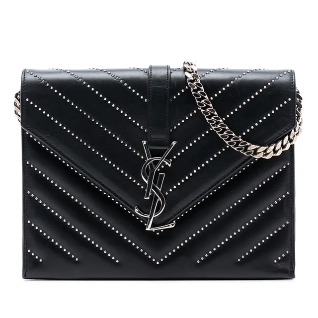Black Saint Laurent Studded Chevron Calfskin Monogram Envelope Chain Flap Crossbody Bag in Black Calfskin from Designer Revival
