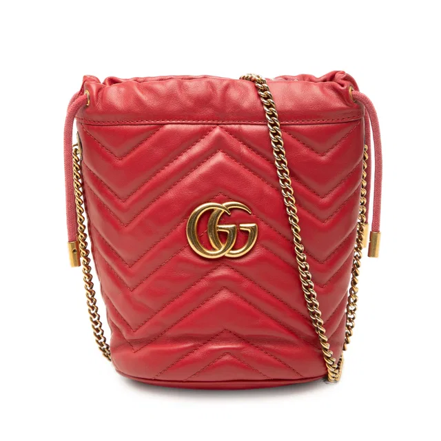 Red Gucci Small GG Marmont Matelasse Calfskin Bucket Bag in Red Calfskin from Designer Revival