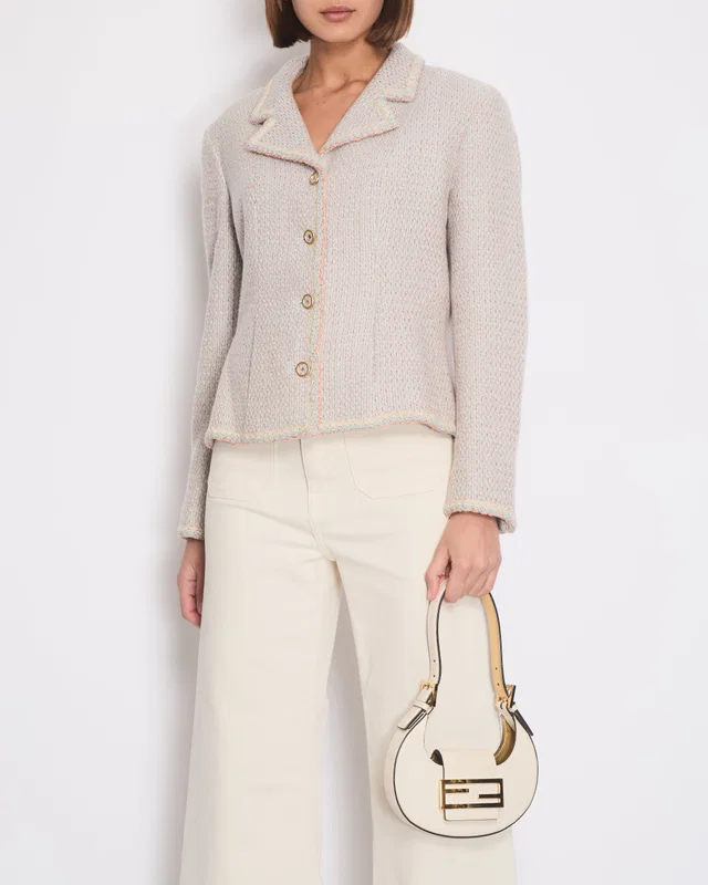 Chanel 01/A Pastel Blue, Pink and Beige Tweed Jacket with Transparent CC Logo Button Details Size FR… in Beige Tweed from Sellier