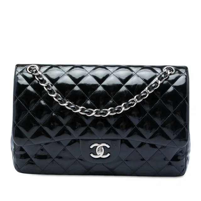 Black Chanel Jumbo Classic Patent Double Flap Shoulder Bag in Black Patent leather from Designer Revival