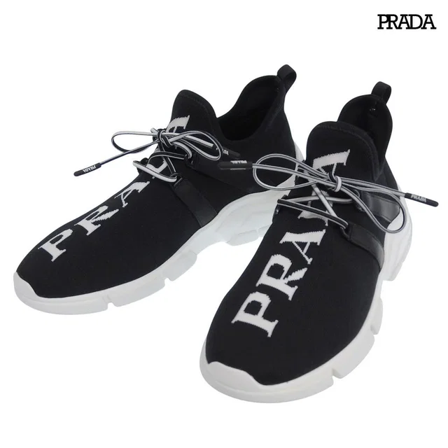 Prada Big Logo Knit Sneakers Black 37.5 in Black Leather from The Reluxe