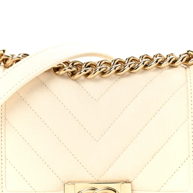 Chanel Caviar Chevron Quilted Small Boy Flap White in White Caviar leather from FASHIONPHILE, photo 8 of 14