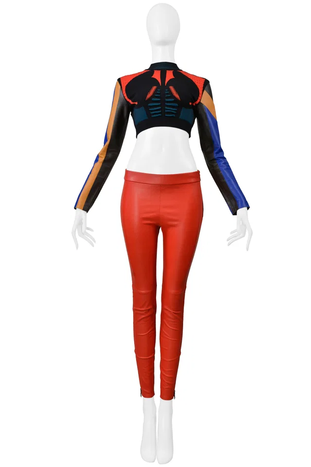 Louis Vuitton By Nicolas Ghesquiere Multicolor Knit Crop Sweater And Red Leather Pants 2016 in Red Leather from Resurrection Vintage
