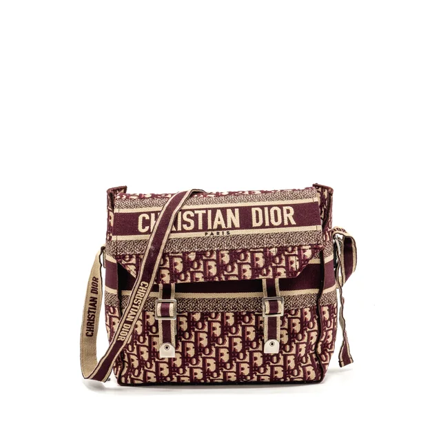 Dior Crossbody Messenger Bag Oblique Canvas Burgundy/Beige SHW in Beige Canvas from EMIER