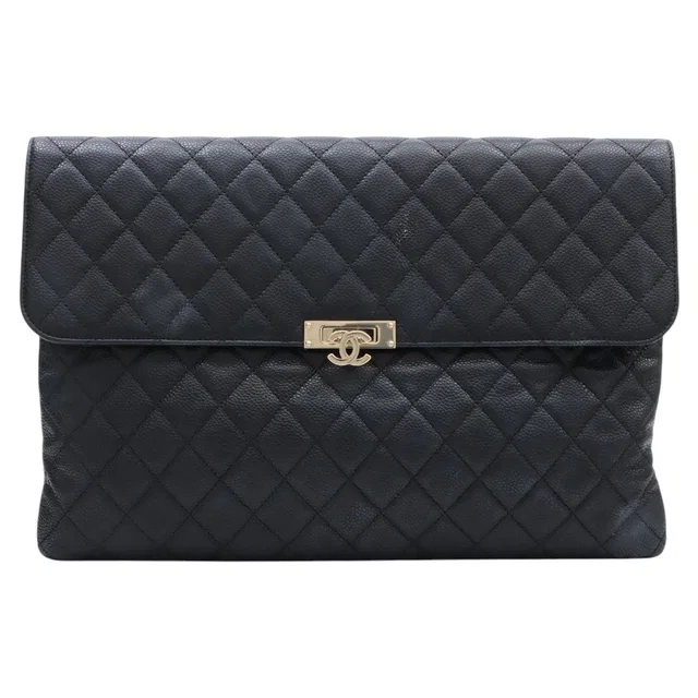 Chanel 2017 Caviar Skin CC Mark Plate Clutch Bag Black in Black Caviar leather from VINTAGE QOO TOKYO