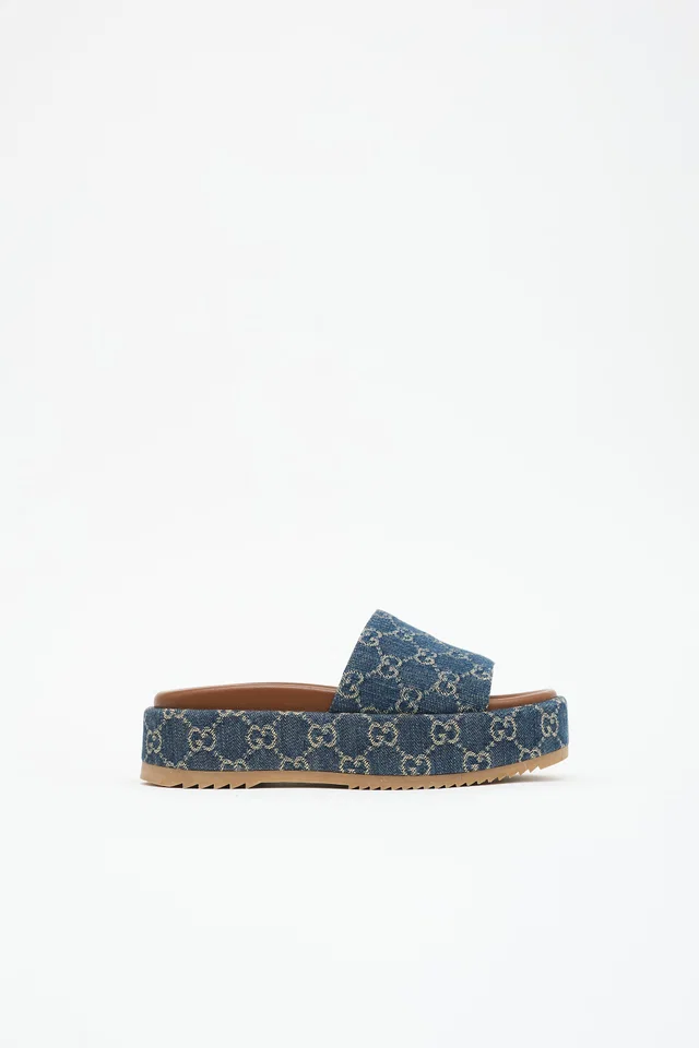 Gucci Denim Allover GG Slide in Denim from VSP Consignment