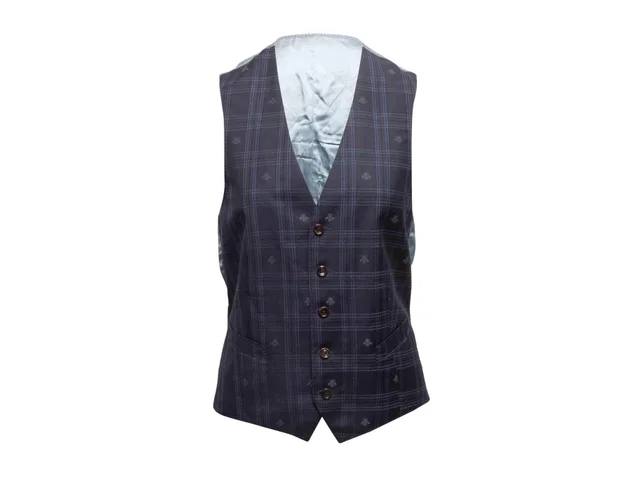 Navy Gucci Plaid Bee Motif Waistcoat Vest Size IT 46 in Navy from Designer Revival