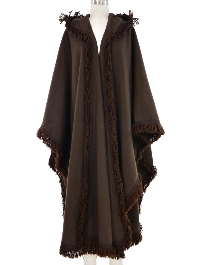 1977 Yves Saint Laurent Fringe Trimmed Hooded Cape in Wool from Arcade Vintage