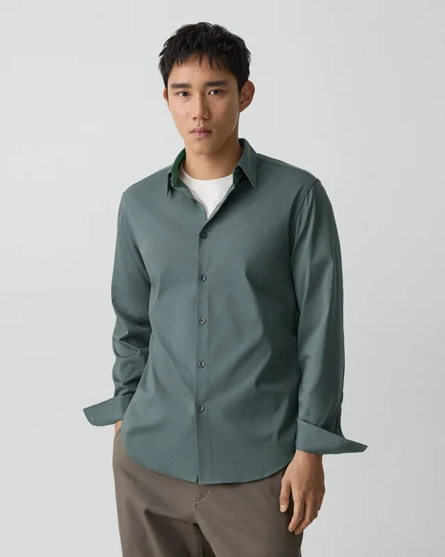 Theory Sylvain Shirt in Structure Knit in LIGHT PINE GROVE 53% Cotton, 47% Polyester, photo 2 of 8 from Theory