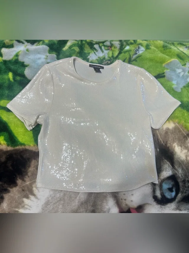 Christian Lacroix Sequin Short Sleeve Top in white from Poshmark