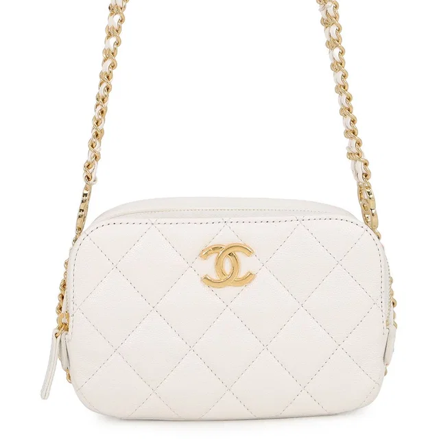 Chanel Chain Shoulder Bag Quilted CC Logo Caviar Leather White in White Caviar leather from The Reluxe