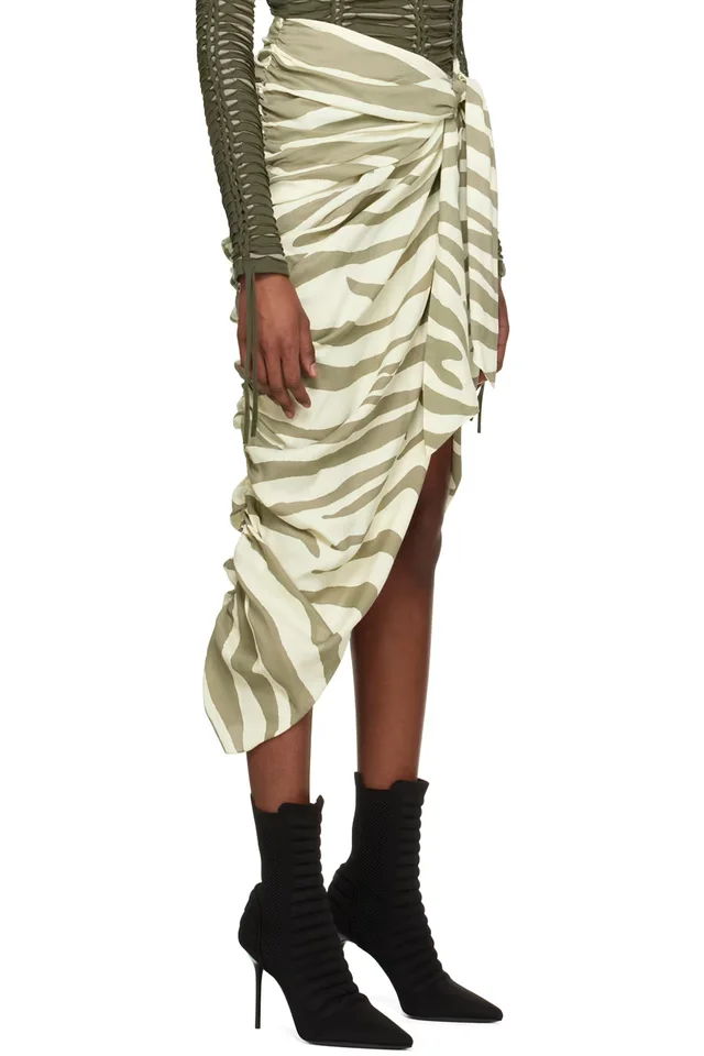 BALMAIN Beige & Khaki Zebra Print Midi Skirt, photo 2 of 4 from SSENSE