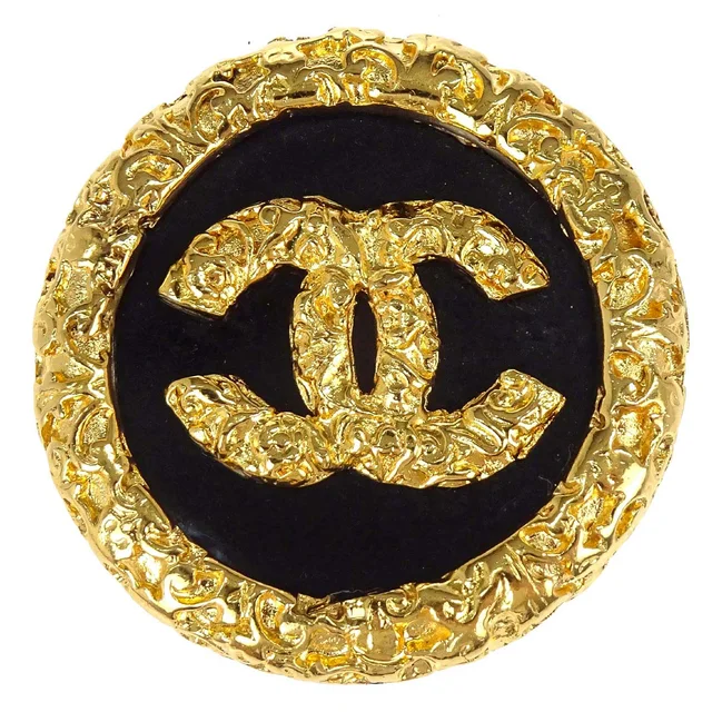 Chanel Medallion Brooch Pin Gold Black 93A in Black from AMORE Vintage Tokyo