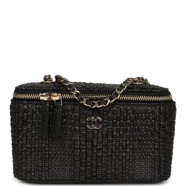 Chanel Small Vanity Case Black Raffia Light Gold Hardware in Black Raffia from Madison Avenue Couture