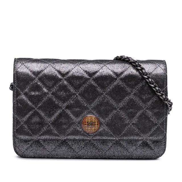 Silver Chanel Quilted Iridescent Lambskin Tartan Button Wallet On Chain Crossbody Bag in Silver Lambskin from Designer Revival, photo 1 of 1