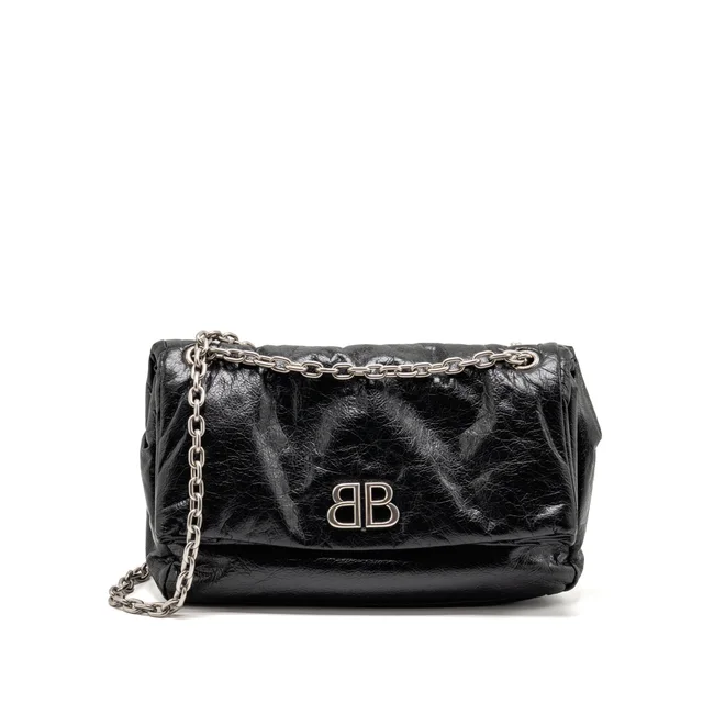 Balenciaga Medium Monaco Chain Shoulder Bag Crinkled Leather Black SHW in Black Leather from EMIER
