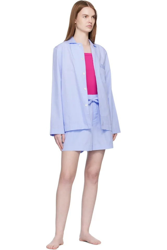 Tekla Blue Poplin Pyjama Shorts, photo 4 of 4 from SSENSE
