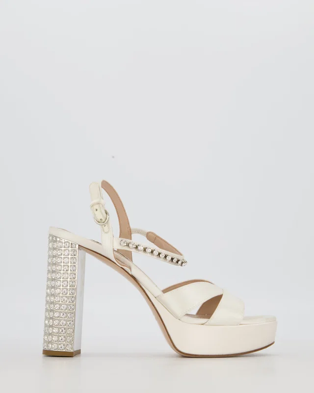 Miu Miu Cream Satin Platform Sandals and Crystal Embellished Block Heel Size EU 38 in White Satin from Sellier