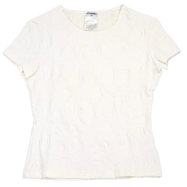 Chanel 1998 Short Sleeve Camellia T-shirt Top White #40 in White Nylon from AMORE Vintage Tokyo