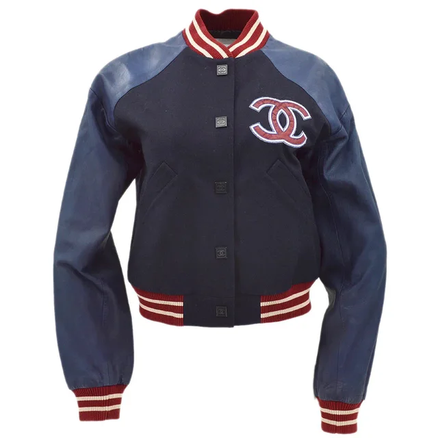 Chanel Sport Line Spring Letterman Bomber Jacket Navy #42 in Navy Nylon from AMORE Vintage Tokyo